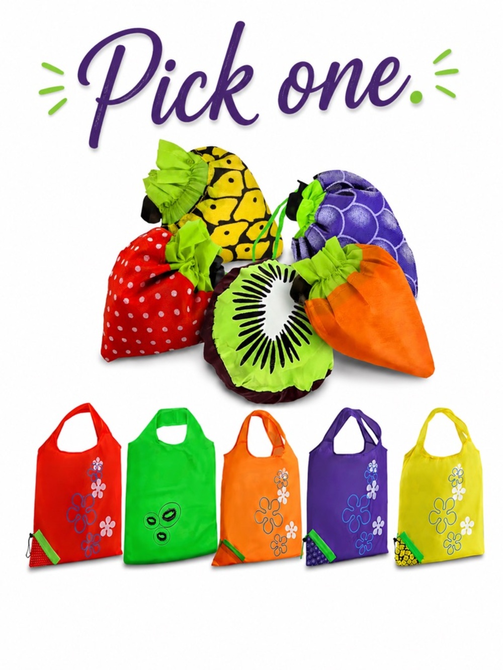 Pick One - Foldable Fruit Reusable Shopping Tote Bag with Carrying Pouch - Picture 2 of 7